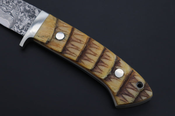 Mr. Itou  ITH-155A  "Treasure Hunter Series" Custom R-2 Damascus 4" Drop-point Hunter, Armadillo 'Over-lay texture' Hide Handle