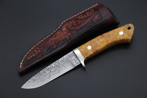 Mr. Itou IT-210A Custom R-2 Damascus 4-1/4" Drop-point Hunter, Golden Color Maple Burl wood Handle