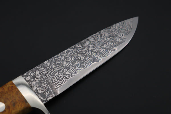 Mr. Itou IT-210A Custom R-2 Damascus 4-1/4" Drop-point Hunter, Golden Color Maple Burl wood Handle