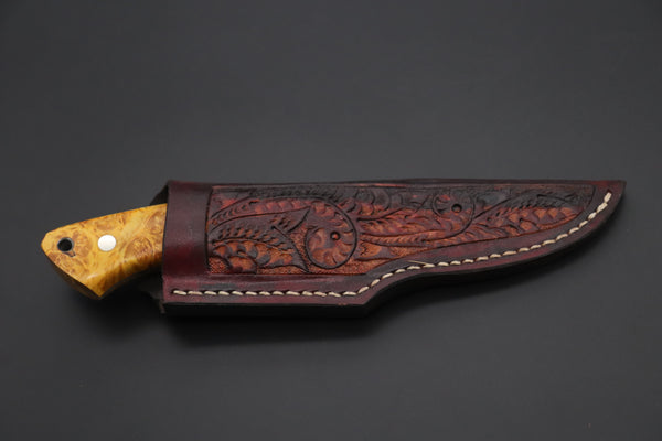 Mr. Itou IT-210A Custom R-2 Damascus 4-1/4" Drop-point Hunter, Golden Color Maple Burl wood Handle