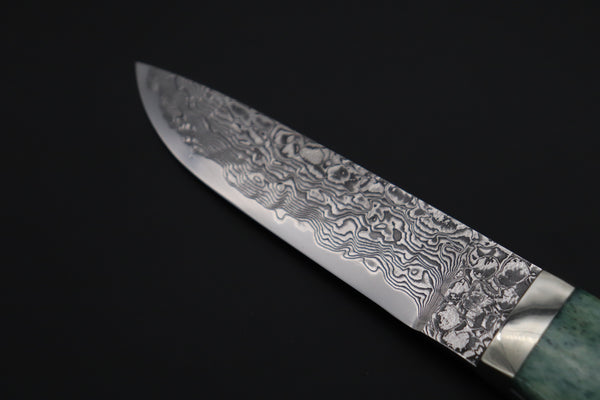 Mr. Itou  IT-400A Drop Point Hunter, 4-1/4" R2 Damascus Blade, Green Camel Bone Handle