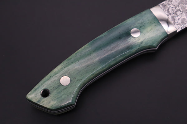 Mr. Itou  IT-400A Drop Point Hunter, 4-1/4" R2 Damascus Blade, Green Camel Bone Handle