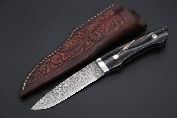 Mr. Itou  IT-400B Drop Point Hunter, 4-1/4" R2 Damascus Blade, Streaked Buffalo Horn Handle