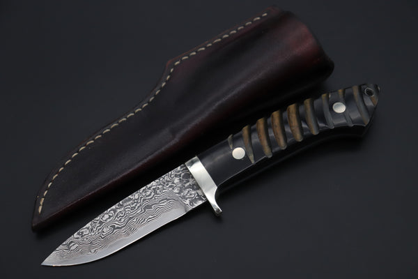 Mr. Itou  IT-410B Drop Point Hunter, 3-5/8" R-2 Damascus Blade, Jigged Buffalo Horn Handle