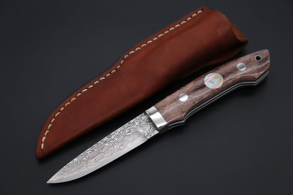 Mr. Itou  IT-450B Drop Point Utility Hunter, 3-5/8" R-2 Damascus Blade, Brown Camelbone Handle