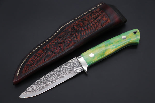 Mr. Itou  IT-470A Drop Point Hunter, 4" R2 Damascus Blade, Green Camelbone Handle