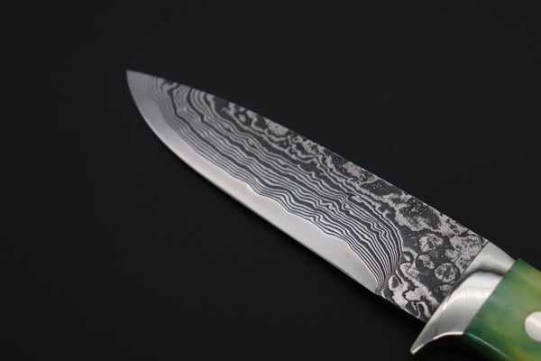 Mr. Itou  IT-470A Drop Point Hunter, 4" R2 Damascus Blade, Green Camelbone Handle