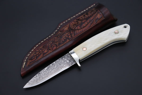 Mr. Itou  IT-480A Drop Point Hunter, 3-3/4" R-2 Damascus Blade,  White Jigged  Camelbone Handle