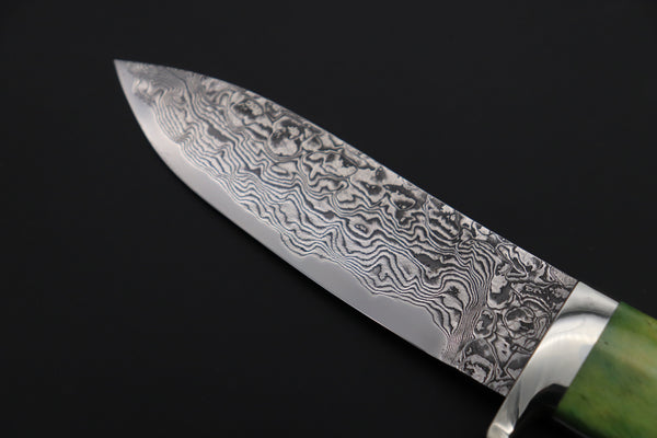 Mr. Itou  IT-480B Drop Point Hunter, 3-3/4" R2 Damascus Blade, Green Camelbone Handle