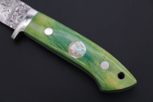 Mr. Itou  IT-480B Drop Point Hunter, 3-3/4" R2 Damascus Blade, Green Camelbone Handle