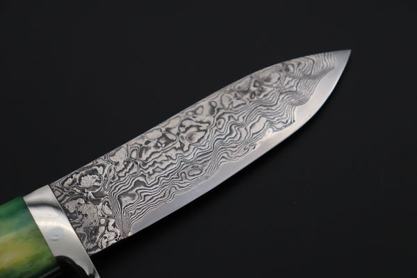 Mr. Itou  IT-480B Drop Point Hunter, 3-3/4" R2 Damascus Blade, Green Camelbone Handle