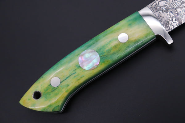 Mr. Itou  IT-480B Drop Point Hunter, 3-3/4" R2 Damascus Blade, Green Camelbone Handle