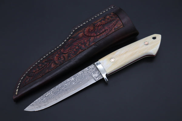 Mr. Itou  ITH-200  "Treasure Hunter Series" Custom R-2 Damascus 5" Drop-point Hunter, Narwhal Tusk Handle