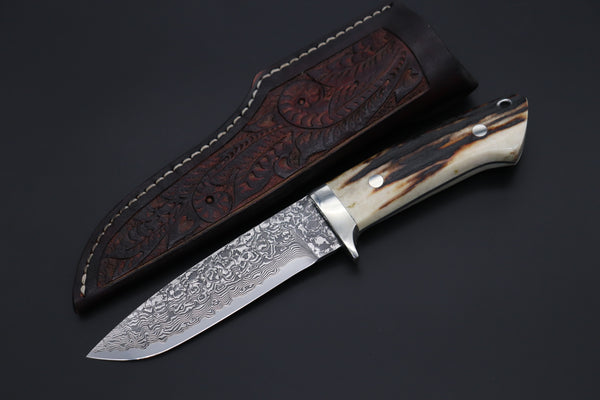 Mr. Itou  IT-670 Drop Point Hunter, 5.1" R2 Damascus Blade, Genuine Stag Handle