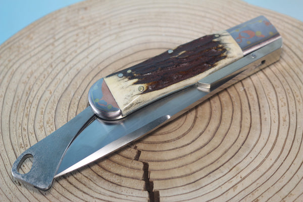 Fumio Inagaki FI-100 Marbles Folding Hunter Replica, Premium Hitachi ATS-34 blade, Rainbow Damascus Bolsters
