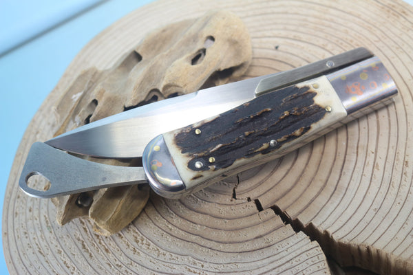 Fumio Inagaki FI-100 Marbles Folding Hunter Replica, Premium Hitachi ATS-34 blade, Rainbow Damascus Bolsters