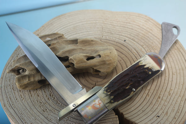 Fumio Inagaki FI-100 Marbles Folding Hunter Replica, Premium Hitachi ATS-34 blade, Rainbow Damascus Bolsters