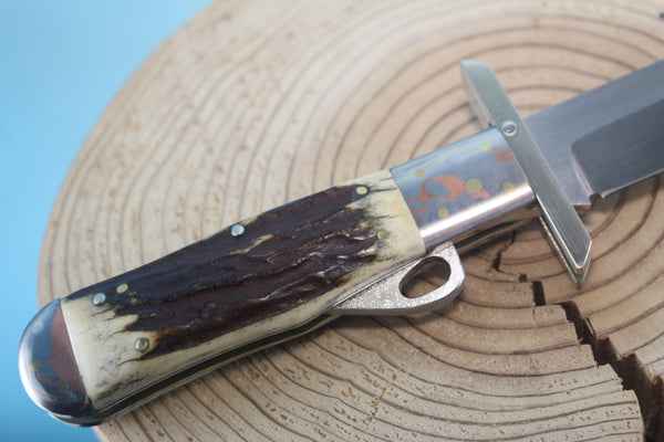 Fumio Inagaki FI-100 Marbles Folding Hunter Replica, Premium Hitachi ATS-34 blade, Rainbow Damascus Bolsters