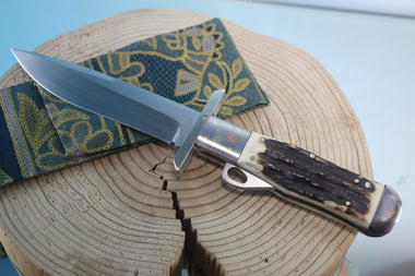 Fumio Inagaki FI-100 Marbles Folding Hunter Replica, Premium Hitachi ATS-34 blade, Rainbow Damascus Bolsters