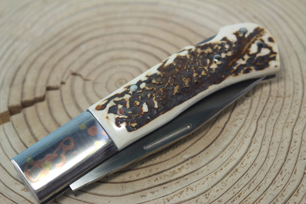 Fumio Inagaki FI-125 Jess Horn Folding Lock knife Replica, Premium Hitachi ATS-34 blade, Genuine Sambar Stag Handle with Rainbow Damascus Bolster - JapaneseKnifeDirect.Com