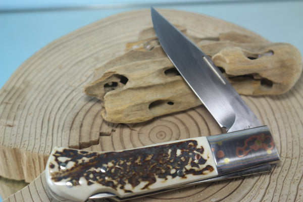 Fumio Inagaki FI-125 Jess Horn Folding Lock knife Replica, Premium Hitachi ATS-34 blade, Genuine Sambar Stag Handle with Rainbow Damascus Bolster - JapaneseKnifeDirect.Com