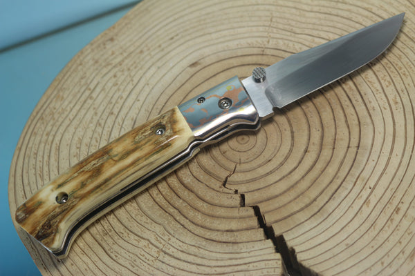 Fumio Inagaki FI-145 Premium ATS-34 Folder, Exotic Handle with Damascus Mokume-Gane Bolster