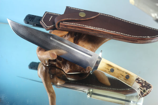 Fumio Inagaki FI-155  8-5/8" Big Bowie Knife. VG-10 Damascus blade, Mammoth Ivory/Crown Samber Stag handle