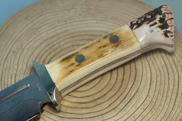 Fumio Inagaki FI-155  8-5/8" Big Bowie Knife. VG-10 Damascus blade, Mammoth Ivory/Crown Samber Stag handle