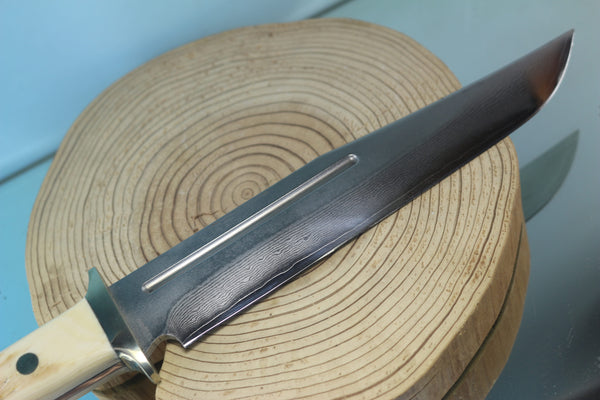 Fumio Inagaki FI-155  8-5/8" Big Bowie Knife. VG-10 Damascus blade, Mammoth Ivory/Crown Samber Stag handle