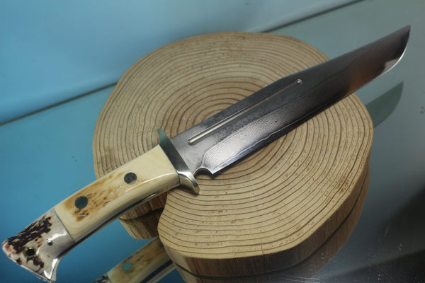Fumio Inagaki FI-155  8-5/8" Big Bowie Knife. VG-10 Damascus blade, Mammoth Ivory/Crown Samber Stag handle