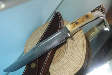 Fumio Inagaki FI-155  8-5/8" Big Bowie Knife. VG-10 Damascus blade, Mammoth Ivory/Crown Samber Stag handle