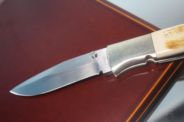 Fumio Inagaki FI-710 Blackjack MAMBA Folder replica, Mammoth Ivory Handle with Damascus Mokume-Gane  Bolster