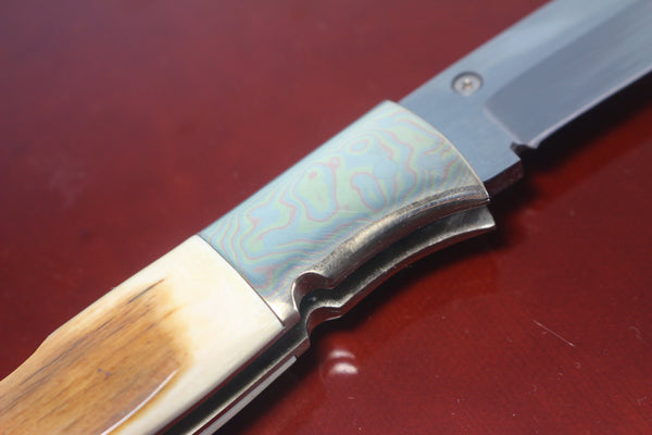 Fumio Inagaki FI-710 Blackjack MAMBA Folder replica, Mammoth Ivory Handle with Damascus Mokume-Gane  Bolster