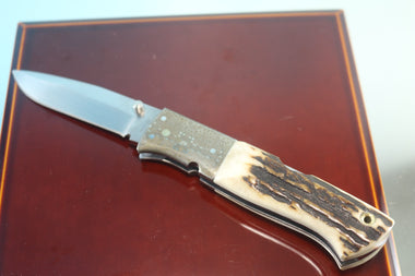 Fumio Inagaki FI-740 Blackjack MAMBA Folder replica, Stag Handle with Damascus Mokume-Gane  Bolster