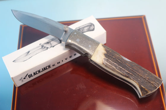 Fumio Inagaki FI-765 Blackjack MAMBA Folder replica, Stag Handle with Damascus Mokume-Gane  Bolster