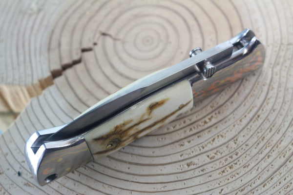 Fumio Inagaki FI-910 Blackjack MAMBA Folder, Custom Replica with Rainbow Damascus Mokume-Gane Bolster - JapaneseKnifeDirect.Com