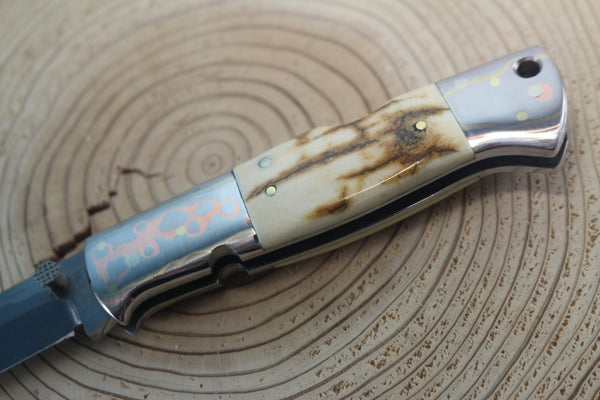 Fumio Inagaki FI-910 Blackjack MAMBA Folder, Custom Replica with Rainbow Damascus Mokume-Gane Bolster - JapaneseKnifeDirect.Com