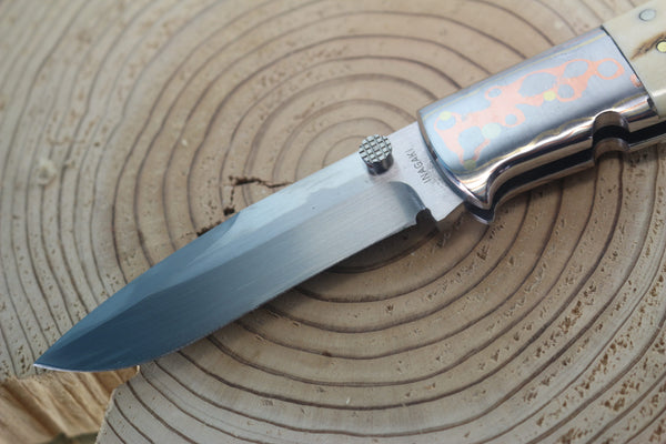 Fumio Inagaki FI-910 Blackjack MAMBA Folder, Custom Replica with Rainbow Damascus Mokume-Gane Bolster - JapaneseKnifeDirect.Com