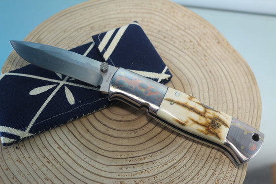 Fumio Inagaki FI-910 Blackjack MAMBA Folder, Custom Replica with Rainbow Damascus Mokume-Gane Bolster - JapaneseKnifeDirect.Com