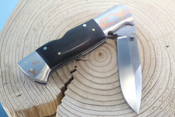Fumio Inagaki FI-930 Blackjack MAMBA Folder, Custom Replica with Rainbow Damascus Mokume-Gane Bolsters
