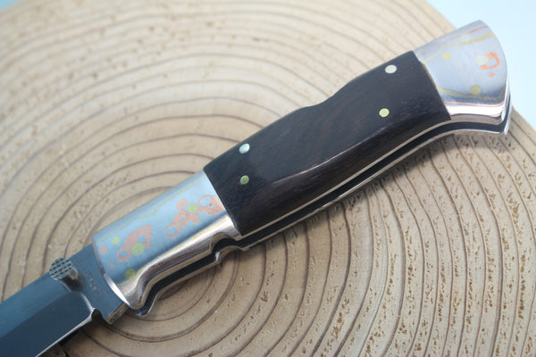 Fumio Inagaki FI-930 Blackjack MAMBA Folder, Custom Replica with Rainbow Damascus Mokume-Gane Bolsters