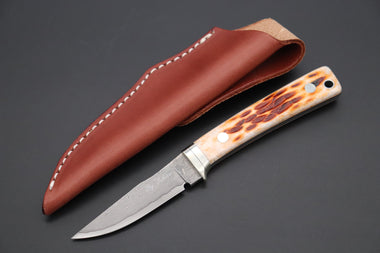 Hattori KD30-841B Cowry X Damascus Little Wild Hunters (Clip Point, Brown Jigged Bone Handle) - JapaneseKnifeDirect.Com