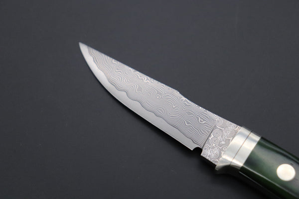 Hattori KD30-841G Cowry X Damascus Little Wild Hunters (Clip Point, MossGreen Bone handle Bone Handle)