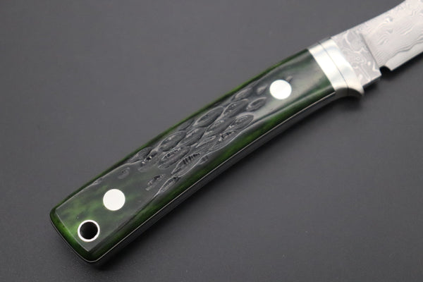 Hattori KD30-841G Cowry X Damascus Little Wild Hunters (Clip Point, MossGreen Bone handle Bone Handle)