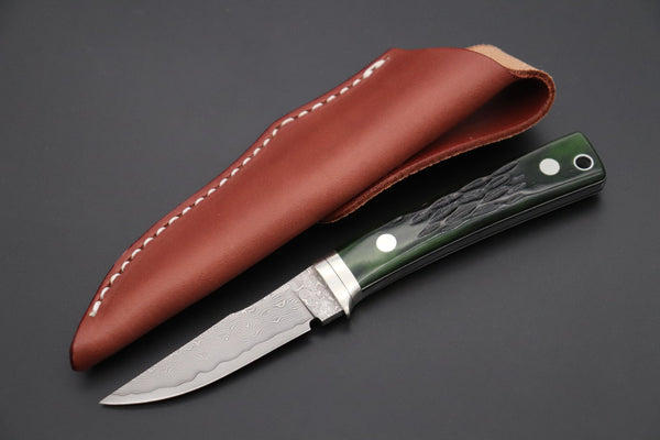 Hattori KD30-841G Cowry X Damascus Little Wild Hunters (Clip Point, MossGreen Bone handle Bone Handle)