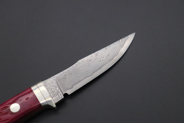 Hattori KD30-841R Cowry X Damascus Little Wild Hunters (Clip Point, Strawberry Red Bone Handle)