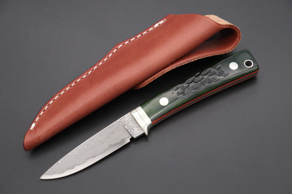 Hattori KD30-845-GO Cowry X Damascus Little Wild Hunters  (Drop Point, MossGreen Bone Handle)