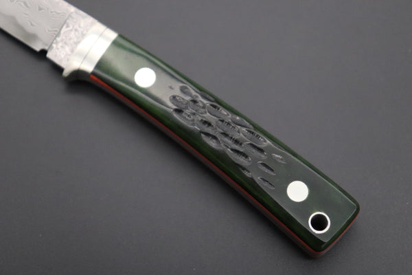 Hattori KD30-845-GO Cowry X Damascus Little Wild Hunters  (Drop Point, MossGreen Bone Handle)