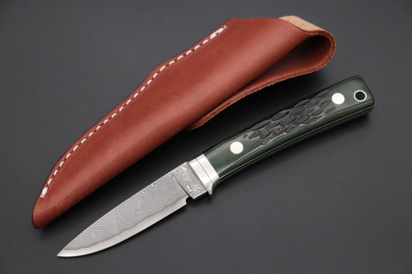 Hattori KD30-845-GW Cowry X Damascus Little Wild Hunters  (Drop Point, MossGreen Bone Handle)