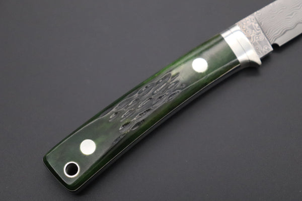 Hattori KD30-845-GW Cowry X Damascus Little Wild Hunters  (Drop Point, MossGreen Bone Handle)